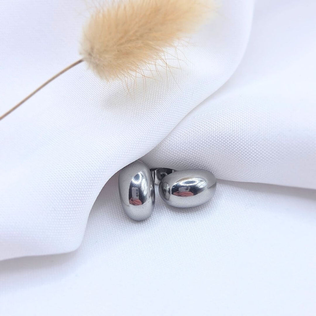 Paire de boucles d'oreilles clous de forme ovale et bombée en métal argenté poli, posée sur un tissu blanc drapé. En arrière-plan, une herbe de la pampa séchée apporte une touche douce et naturelle à la composition lumineuse.