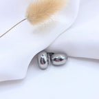 Paire de boucles d'oreilles clous de forme ovale et bombée en métal argenté poli, posée sur un tissu blanc drapé. En arrière-plan, une herbe de la pampa séchée apporte une touche douce et naturelle à la composition lumineuse.
