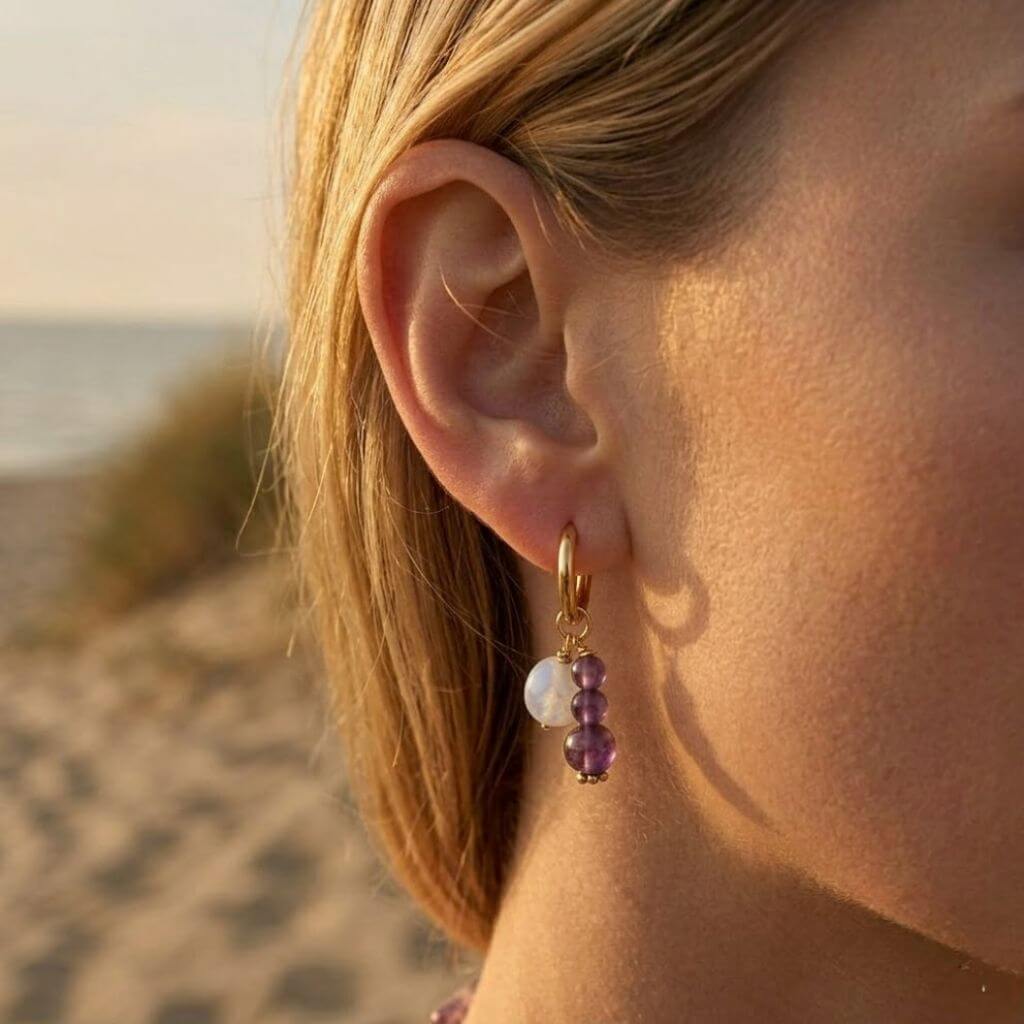 Boucles d'Oreilles Aismée Améthyste et Pierre de Lune