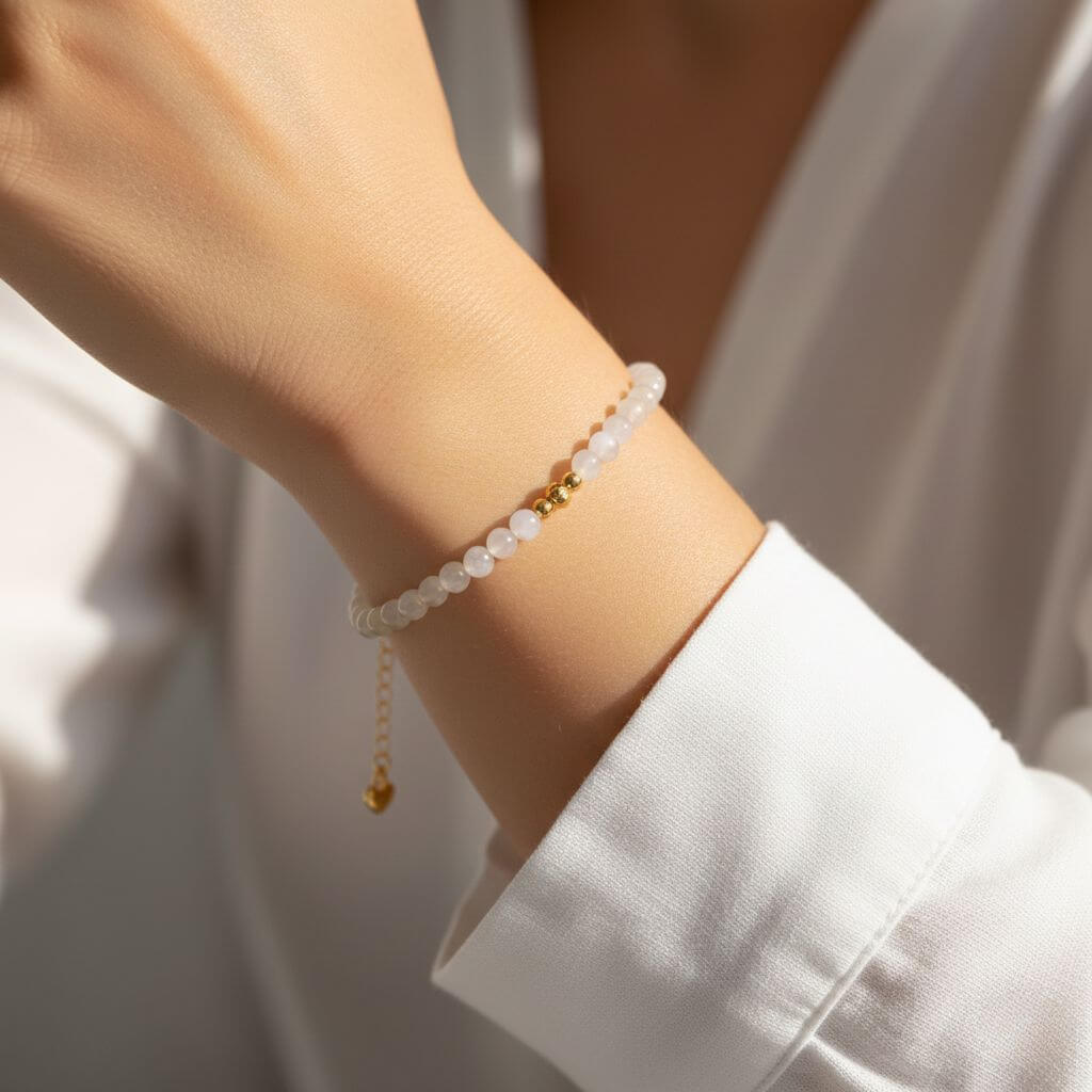 Gros plan du poignet d'une personne portant un bracelet fin en pierre de lune aux reflets blancs et nacrés. Les petites perles rondes captent la lumière naturelle, créant un contraste doux avec les trois perles dorées centrales. Le bijou est porté avec un vêtement blanc immaculé, soulignant l'élégance minimaliste et la clarté de la pierre.