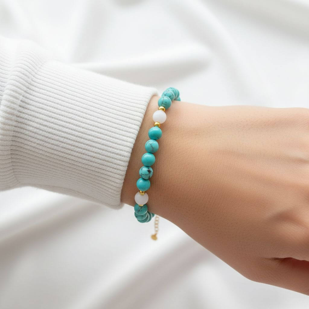 Gros plan sur le poignet d'une personne portant un bracelet délicat composé de perles de turquoise marbrées, de perles blanches lisses et de petits accents dorés. Le bracelet est porté sur une manche de pull en maille côtelée blanche, sur un fond de tissu blanc souple et lumineux.