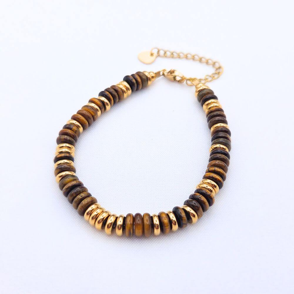 Bracelet en pierres naturelles œil de tigre et acier inoxydable doré, bijou protecteur lithothérapie pour femme.