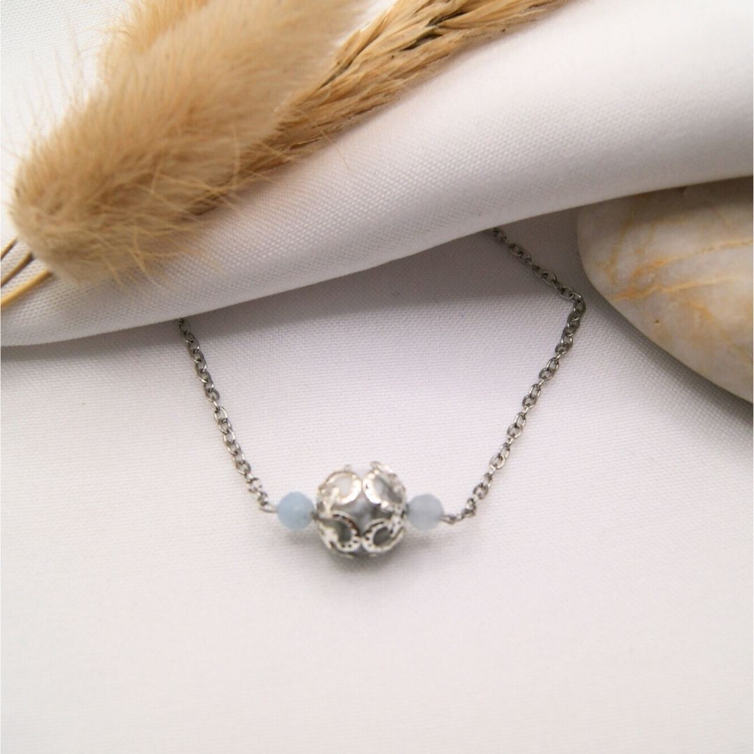 Bracelet femme acier inoxydable argenté Howlite et Aigue Marine Vertus