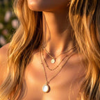 Collier Rivage porté par une femme, le pendentif doré captant la lumière du soleil pour un look élégant et solaire.