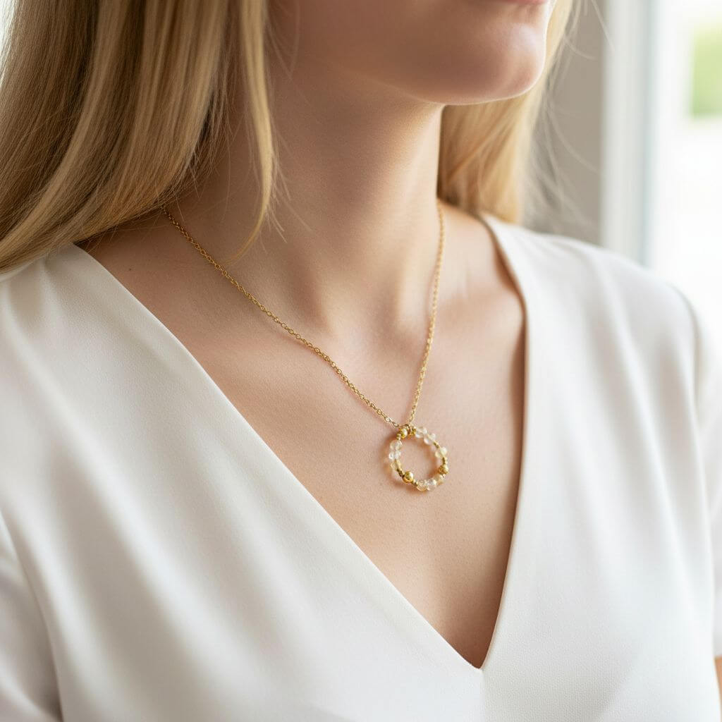 Gros plan d'une personne portant un collier avec une fine chaîne dorée. Le pendentif est un anneau délicat composé de perles en pierres naturelles  de Citrine aux tons jaune pâle et translucide, intercalées de billes dorées. La personne porte un haut blanc avec un col en V, mettant en valeur l'éclat chaleureux et discret du bijou.