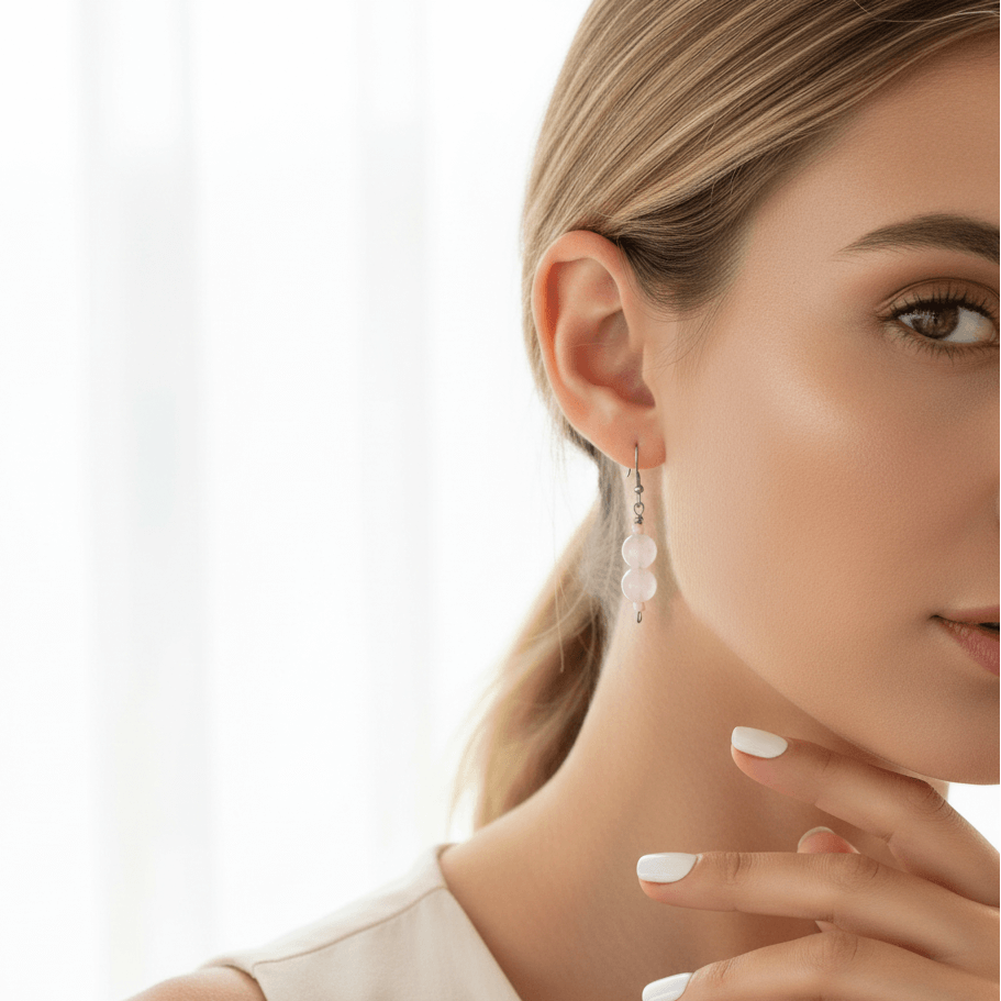Gros plan de profil d'une femme portant l'une des boucles d'oreilles en quartz rose. Le bijou pend délicatement sous le lobe de l'oreille, révélant la douce couleur rose translucide des deux perles superposées. La peau lumineuse, le vêtement beige clair et la manucure blanche soignée créent une esthétique minimaliste et harmonieuse qui met en valeur la finesse de la boucle d'oreille.