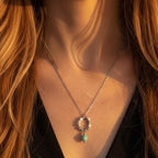 Collier avec pendentif GIA en Howlite et Amazonite porté au cou, mettant en avant la longueur de la chaîne argentée et le contraste des pierres naturelles sur la peau sous une lumière chaude.