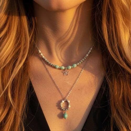 Exemple de 'layering' avec deux colliers en pierres naturelles. En haut, un collier de perles en Amazonite et fleur argentée. En bas, une chaîne argentée avec pendentif anneau en Howlite et goutte d'Amazonite.
