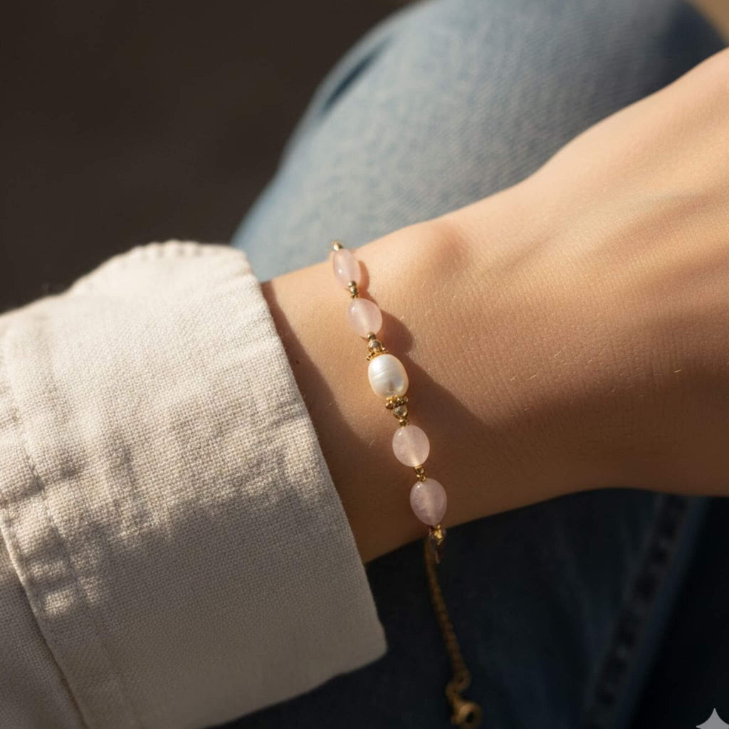 Bracelet NATTY doré porté au poignet, perles de quartz rose et perle d'eau douce blanche, style bohème chic.