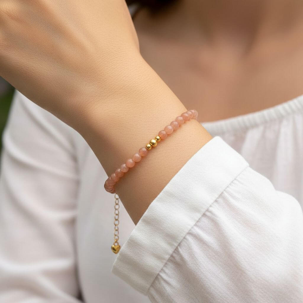 Vue rapprochée du poignet d'une personne portant un bracelet fin en pierre de soleil aux tons pêche et orangés. Les perles naturelles, légèrement translucides, captent la lumière, tandis que les trois perles dorées centrales ajoutent un éclat précieux au milieu du bijou. Le bracelet est porté avec un vêtement blanc à manches longues, soulignant son style chaleureux et délicat.