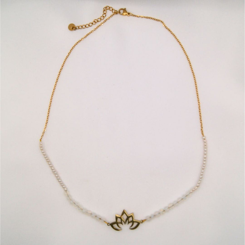 Collier femme pierre de lune et fleur de lotus acier inoxydable et plaqué or 